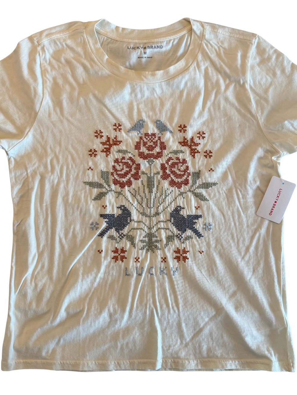NWT Lucky Brand Cream Tee with Red Floral and Blue Bird Cross Stitch